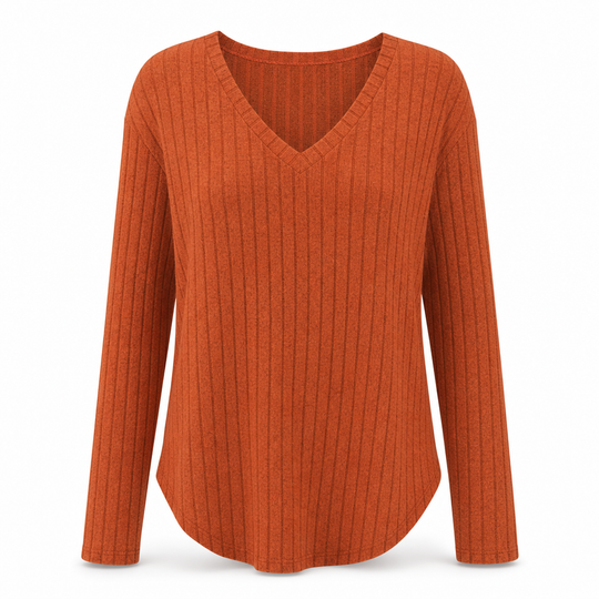 T-shirt col V à manches longues en maille côtelée brossée pour femme grande taille, coupe ample, pull unicolore