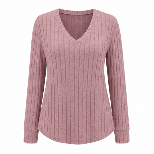 T-shirt col V à manches longues en maille côtelée brossée pour femme grande taille, coupe ample, pull unicolore