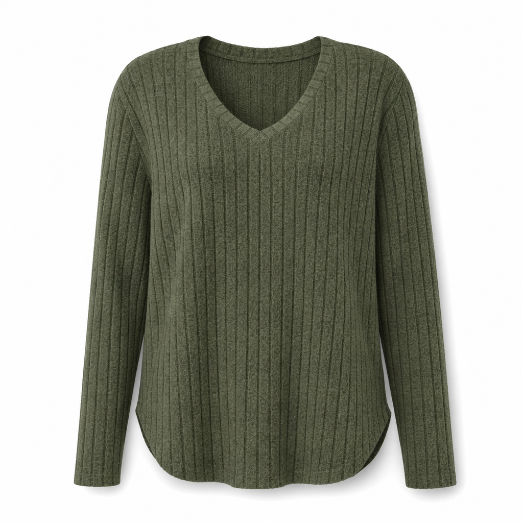 T-shirt col V à manches longues en maille côtelée brossée pour femme grande taille, coupe ample, pull unicolore