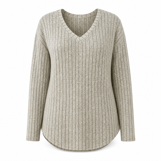 T-shirt col V à manches longues en maille côtelée brossée pour femme grande taille, coupe ample, pull unicolore