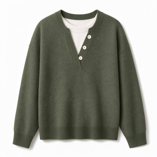 Ensemble décontracté en maille à col en V avec boutons décoratifs