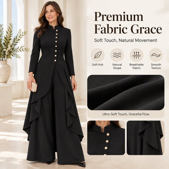 Ensemble femme élégant : manteau long et pantalon à jambes larges