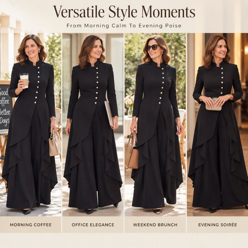 Ensemble femme élégant : manteau long et pantalon à jambes larges