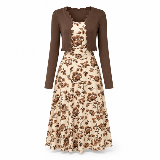 Ensemble 2 pièces pour femmes : robe à bretelles florale vintage et cardigan court en maille côtelée