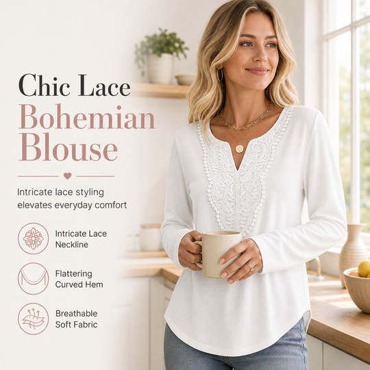 Blouse ample à manches longues et col V en dentelle bohème pour femme