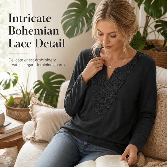 Blouse ample à manches longues et col V en dentelle bohème pour femme
