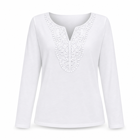 Blouse ample à manches longues et col V en dentelle bohème pour femme