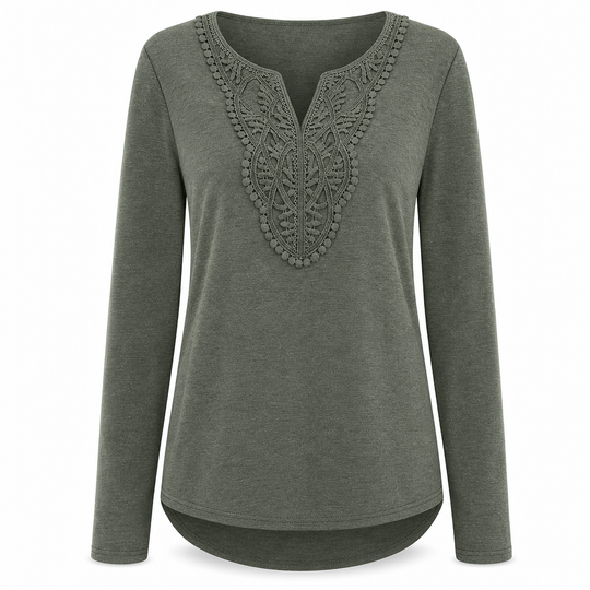 Blouse ample à manches longues et col V en dentelle bohème pour femme