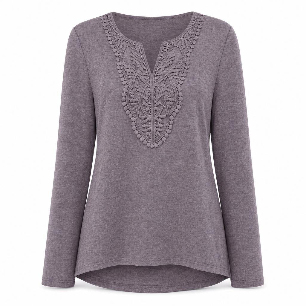 Blouse ample à manches longues et col V en dentelle bohème pour femme