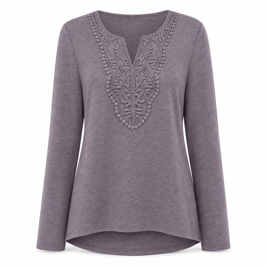 Blouse ample à manches longues et col V en dentelle bohème pour femme