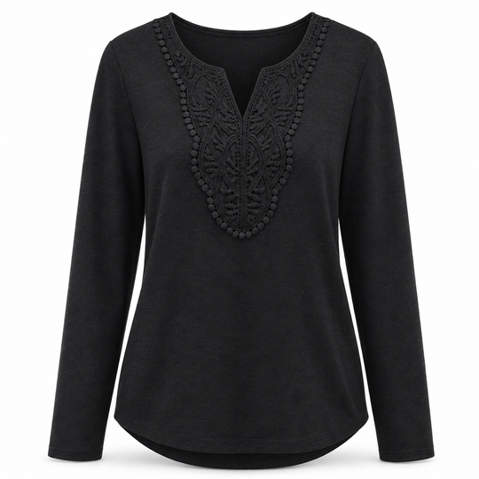 Blouse ample à manches longues et col V en dentelle bohème pour femme