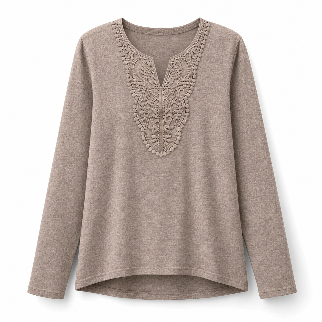 Blouse ample à manches longues et col V en dentelle bohème pour femme