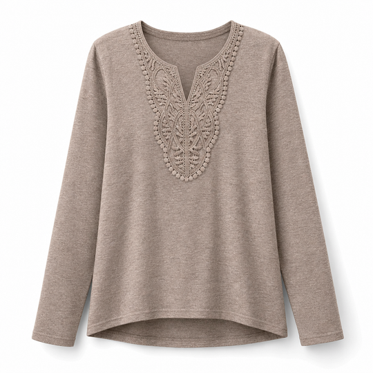 Blouse ample à manches longues et col V en dentelle bohème pour femme