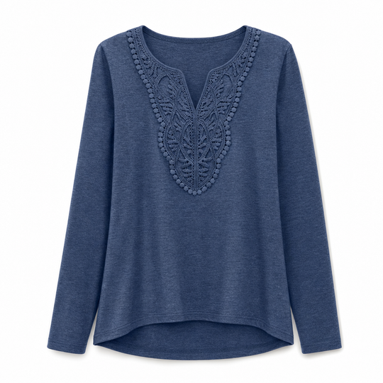 Blouse ample à manches longues et col V en dentelle bohème pour femme