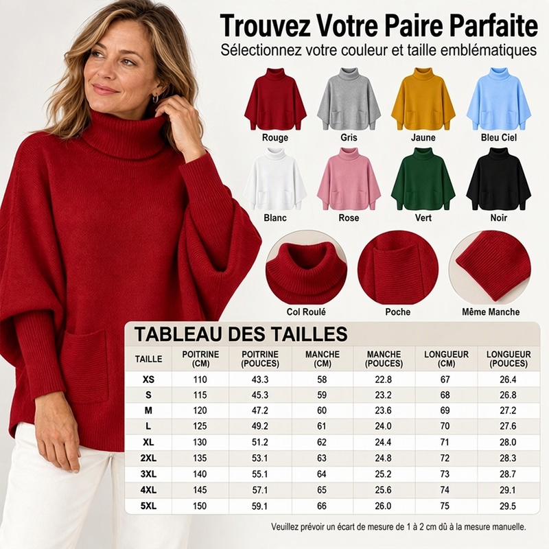 Pull en maille femme à col roulé et manches chauve-souris