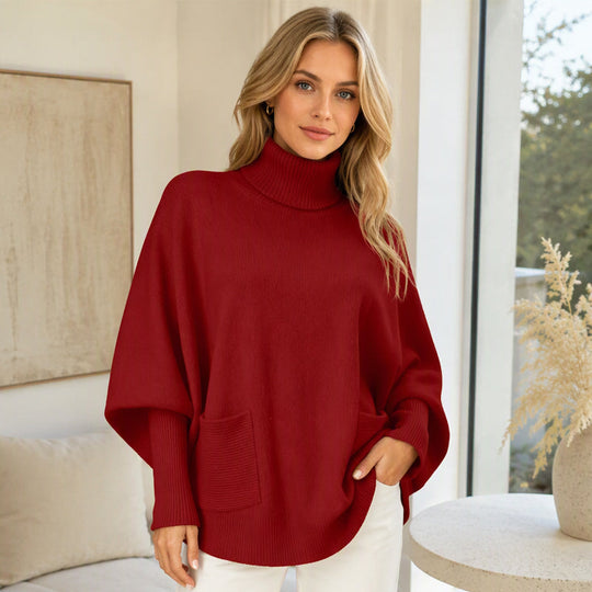 Pull en maille femme à col roulé et manches chauve-souris