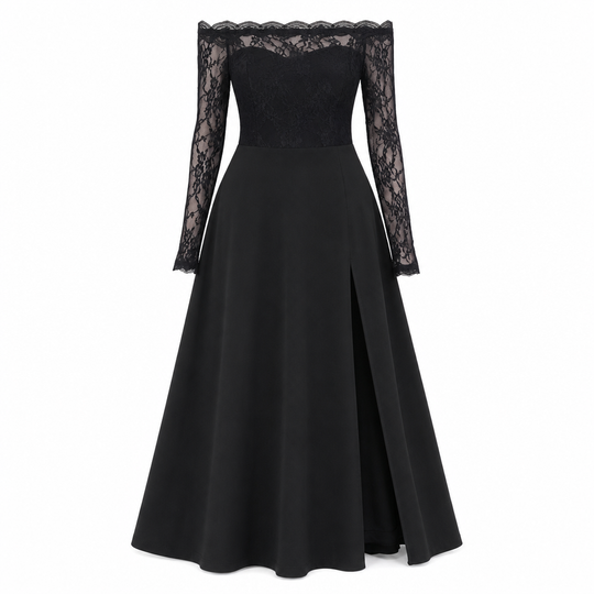 Robe longue en dentelle à manches longues et épaules dénudées pour femme, grande taille