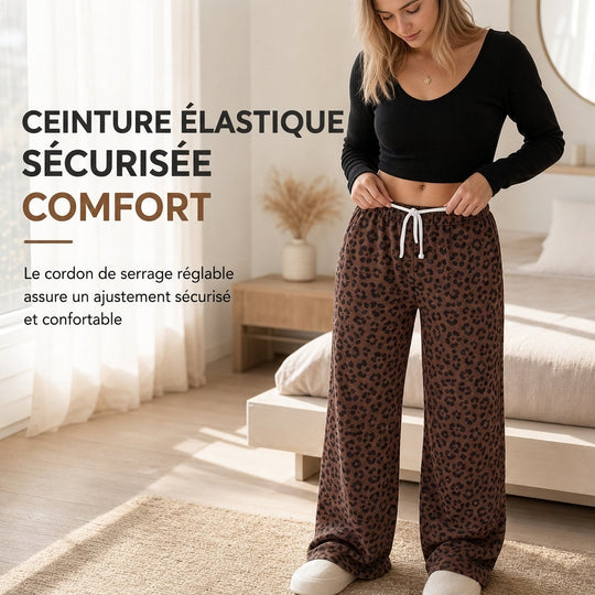 Pantalon de détente femme à large coupe, cordon de serrage et imprimé léopard, vêtement de salon décontracté et confortable