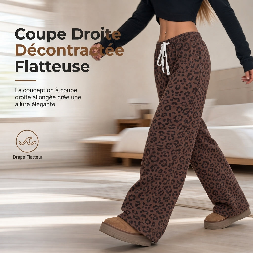 Pantalon de détente femme à large coupe, cordon de serrage et imprimé léopard, vêtement de salon décontracté et confortable