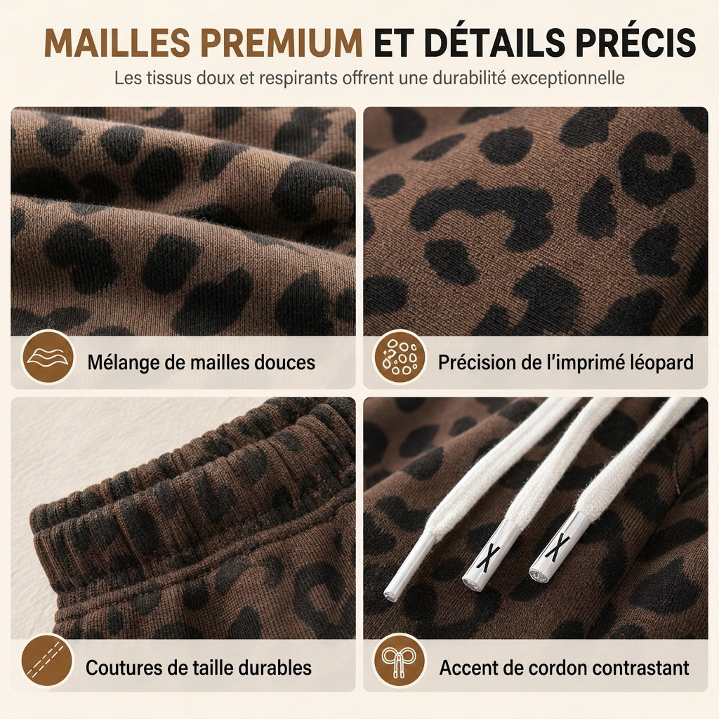 Pantalon de détente femme à large coupe, cordon de serrage et imprimé léopard, vêtement de salon décontracté et confortable