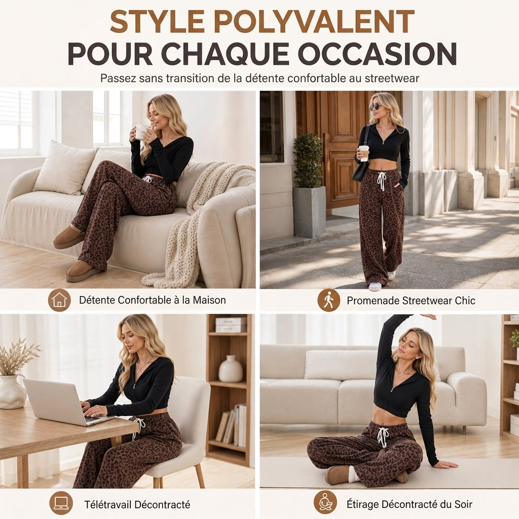 Pantalon de détente femme à large coupe, cordon de serrage et imprimé léopard, vêtement de salon décontracté et confortable