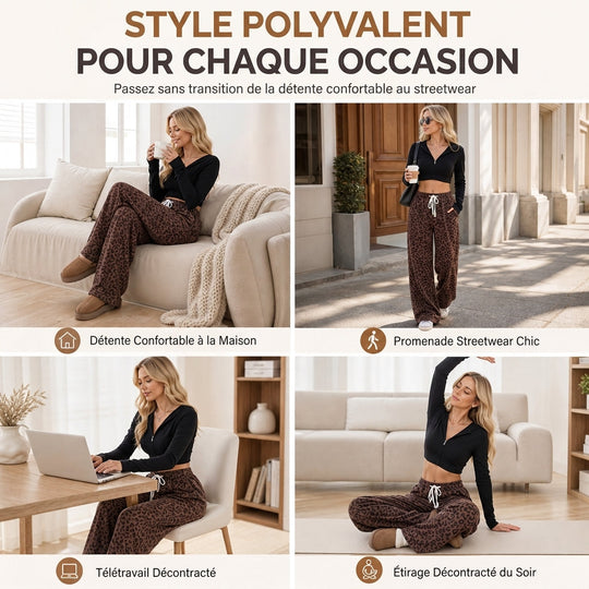 Pantalon de détente femme à large coupe, cordon de serrage et imprimé léopard, vêtement de salon décontracté et confortable