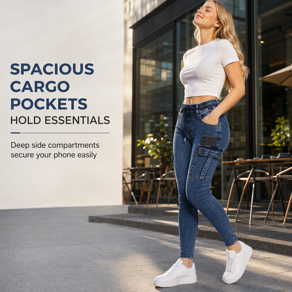 Jegging cargo taille haute élastique à cordon de serrage pour femme, pantalon en jean moulant