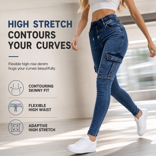 Jegging cargo taille haute élastique à cordon de serrage pour femme, pantalon en jean moulant