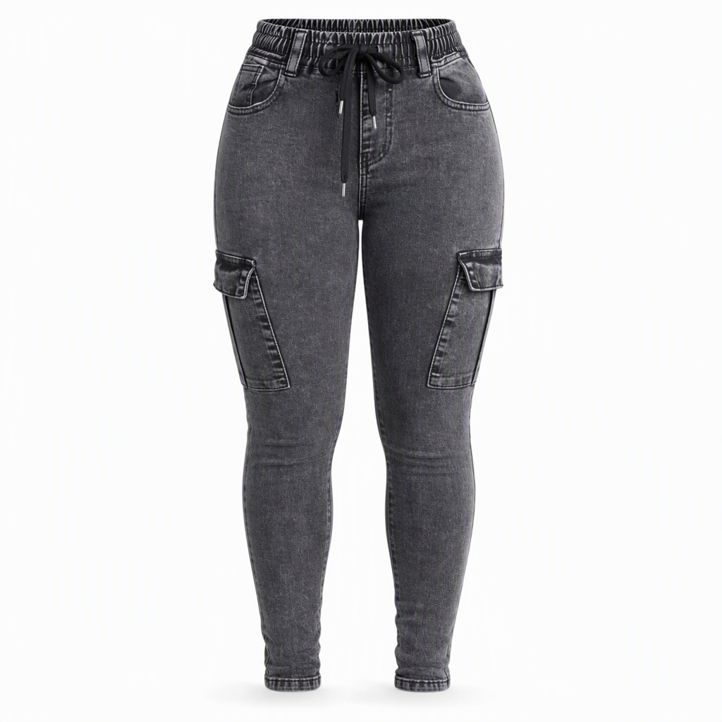 Jegging cargo taille haute élastique à cordon de serrage pour femme, pantalon en jean moulant