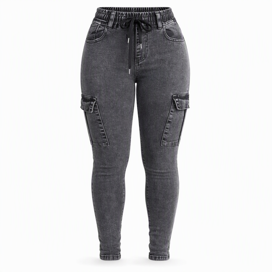 Jegging cargo taille haute élastique à cordon de serrage pour femme, pantalon en jean moulant