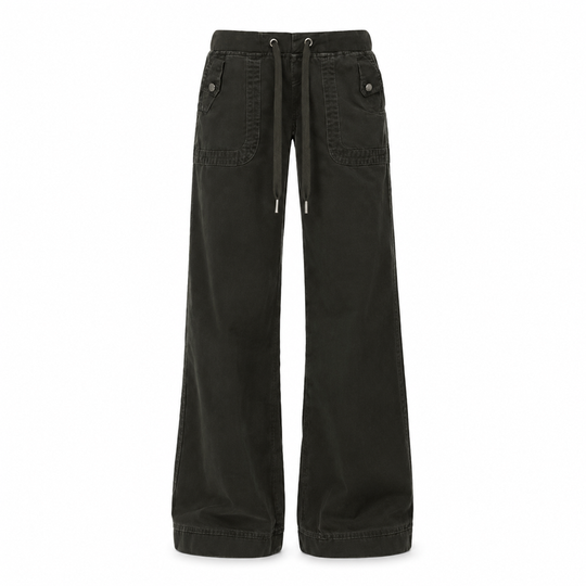 Jean American Vintage taille basse légèrement évasé, avec ceinture élastiquée à cordonnet et poches patteilleuses