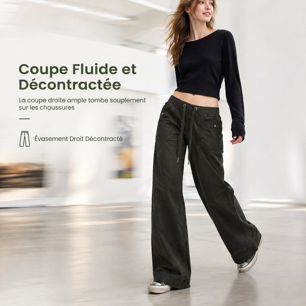 Jean American Vintage taille basse légèrement évasé, avec ceinture élastiquée à cordonnet et poches patteilleuses