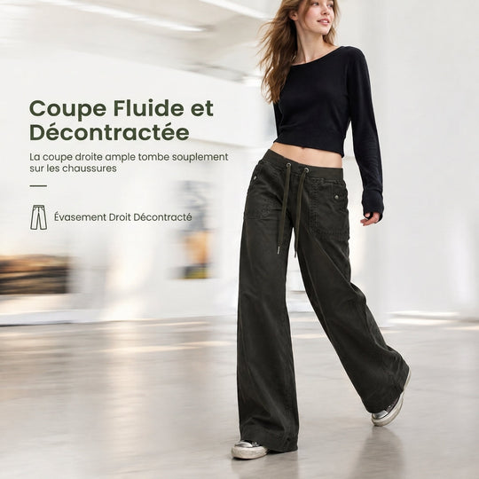 Jean American Vintage taille basse légèrement évasé, avec ceinture élastiquée à cordonnet et poches patteilleuses