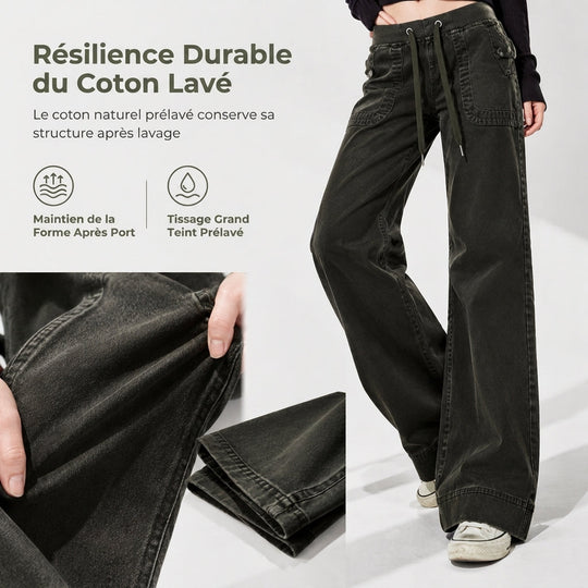 Jean American Vintage taille basse légèrement évasé, avec ceinture élastiquée à cordonnet et poches patteilleuses