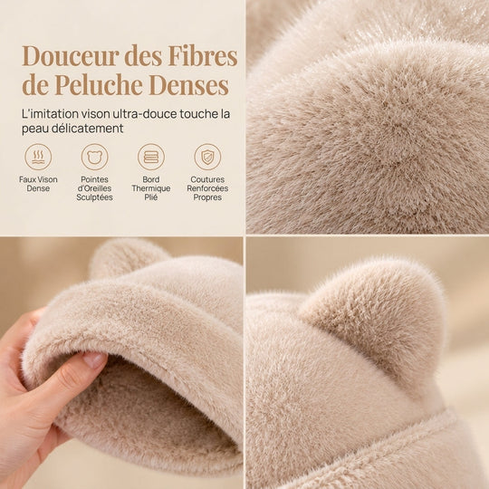 Bonnet d'hiver en fausse fourrure de vison pelucheuse pour femme avec oreilles d'ourson mignonnes - Bonnet chaud pour temps froid