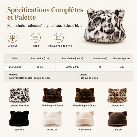 Bonnet d'hiver en fausse fourrure de vison pelucheuse pour femme avec oreilles d'ourson mignonnes - Bonnet chaud pour temps froid
