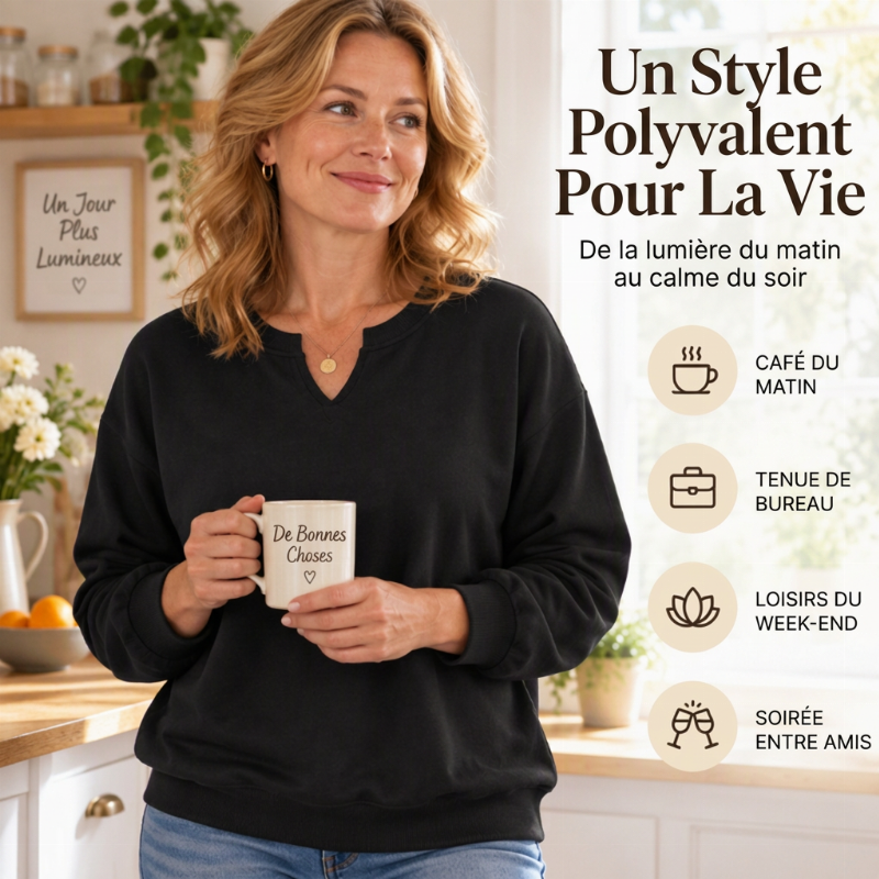 Sweat-shirt décontracté à col V fendu pour femme