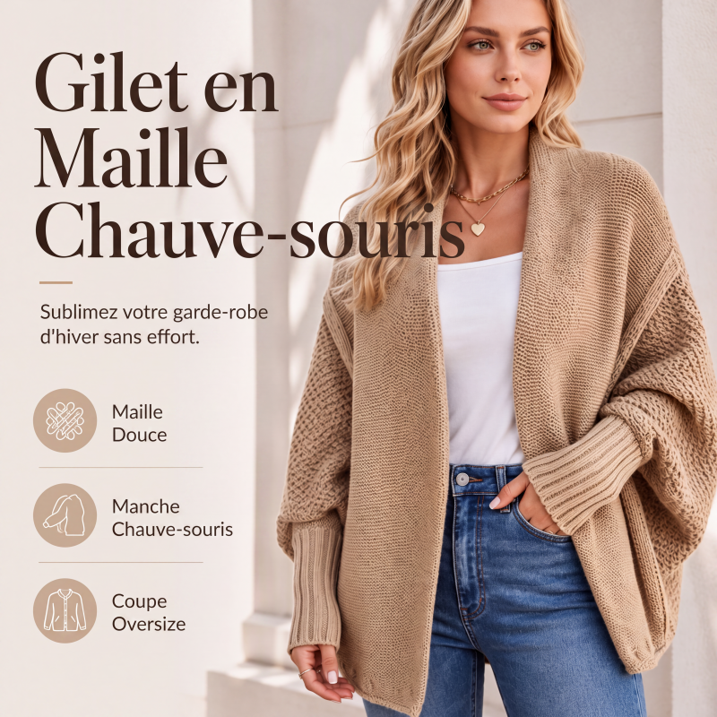 Cardigan en maille épaisse à manches chauve-souris pour femme