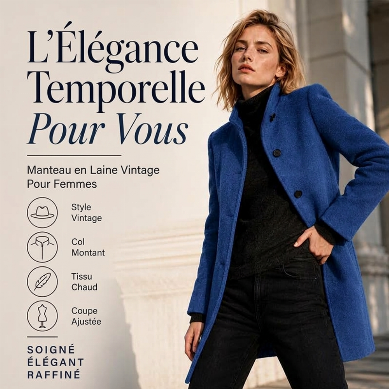 Manteau en laine vintage à col montant pour femme