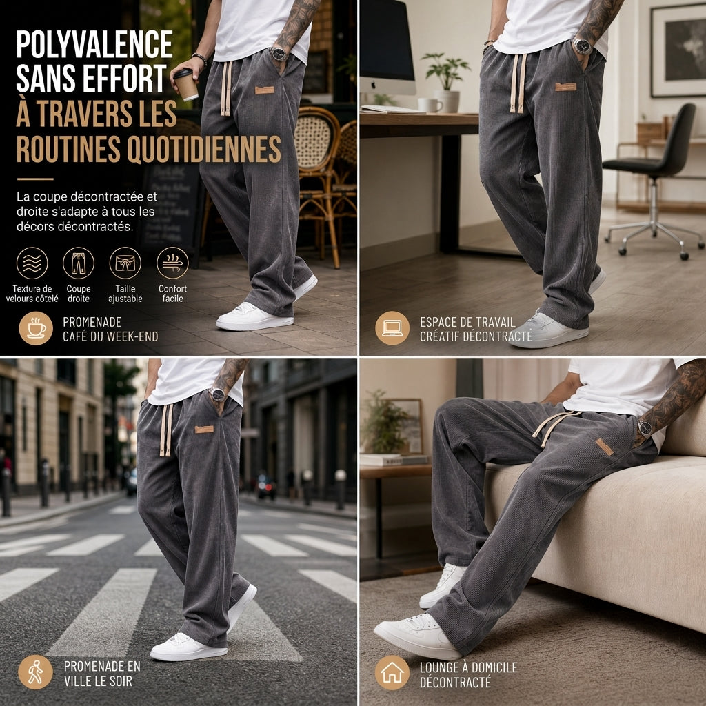 Pantalon décontracté en velours côtelé léger pour homme, coupe ample et jambe droite