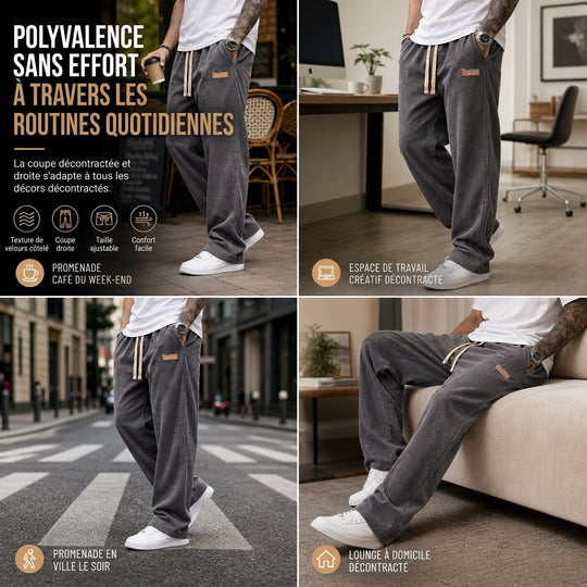 Pantalon décontracté en velours côtelé léger pour homme, coupe ample et jambe droite