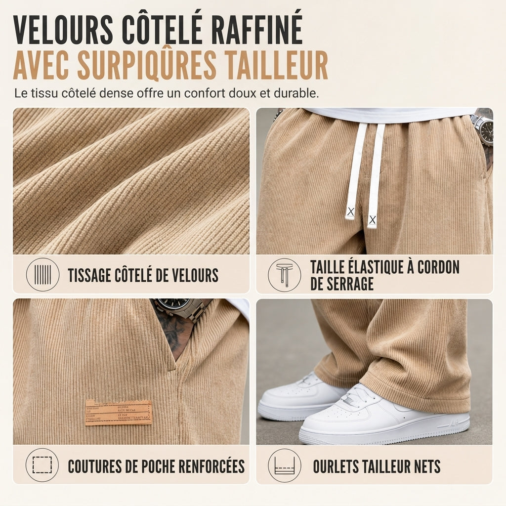 Pantalon décontracté en velours côtelé léger pour homme, coupe ample et jambe droite
