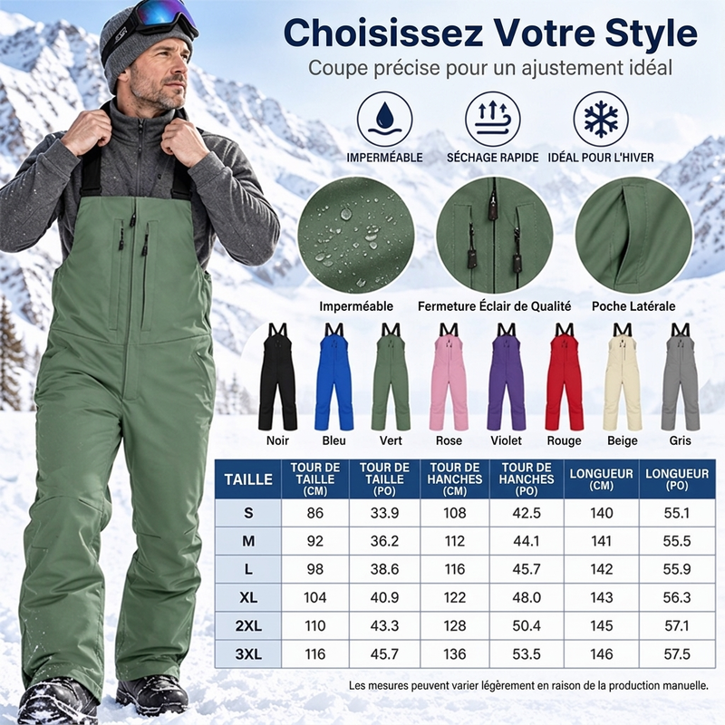 Pantalons de ski imperméables unisexe à bretelles