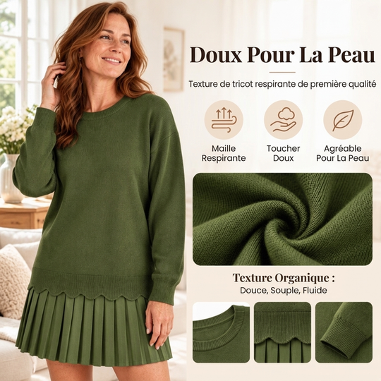 Ensemble pull à bord festonné et jupe plissée pour femme