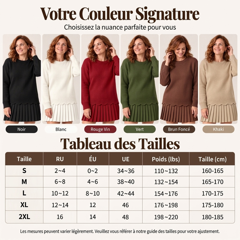 Ensemble pull à bord festonné et jupe plissée pour femme