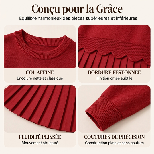 Ensemble pull à bord festonné et jupe plissée pour femme