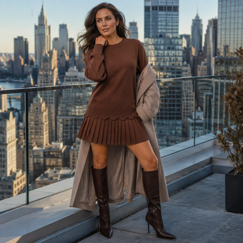 Ensemble pull à bord festonné et jupe plissée pour femme