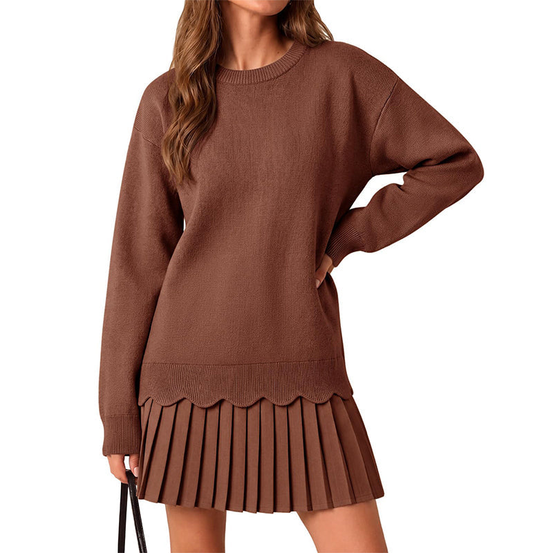 Ensemble pull à bord festonné et jupe plissée pour femme