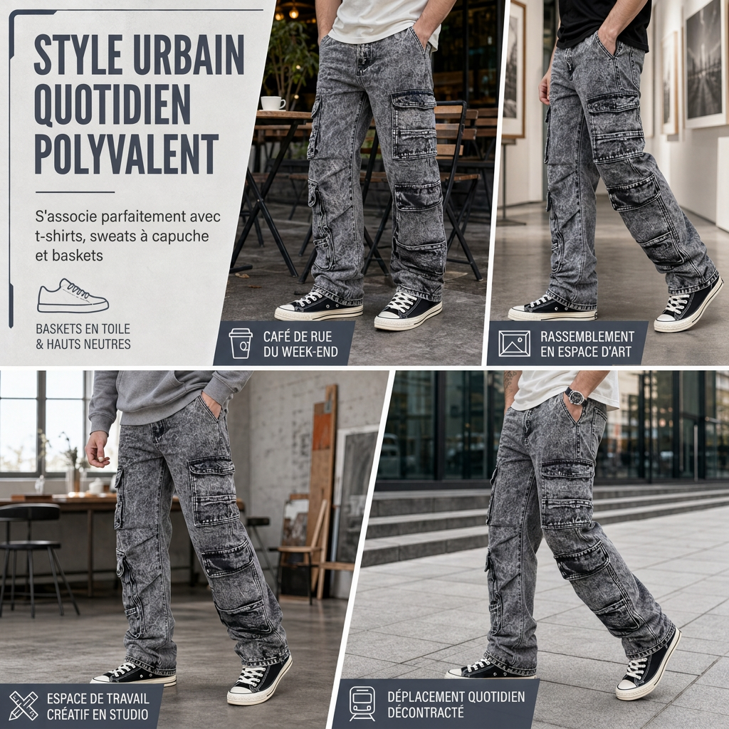 Jean cargo large lavé rétro Pantalon en denim Y2K High Street avec poches