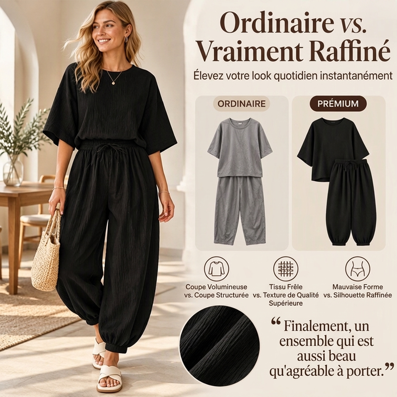 Ensemble haut texturé à manches chauve-souris et pantalon lanterne pour femme